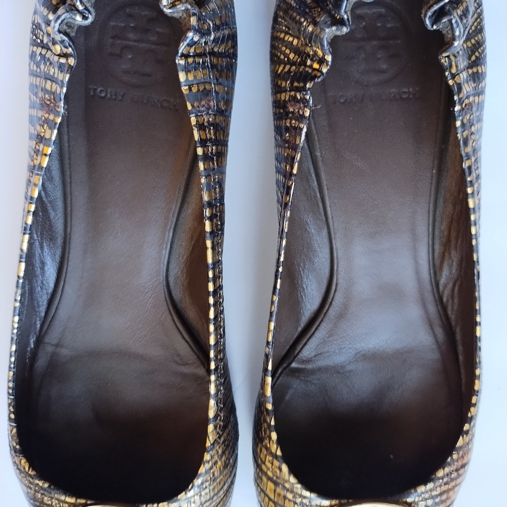 Tory Burch Gold/Bronze Reva Metallic Lizard Reva Ballet Flat Metal Logo Size 8.5 - Picture 5 of 15